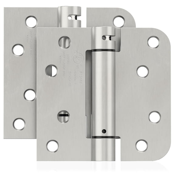 2 Pack Self Closing Door Hinges, 4 Inch Spring Loaded Door Hinges for Garage, Front, Back Door, Left/Right Hand, Adjustable Tension, 5/8'' Radius Corners, UL Listed, Brushed Nickel