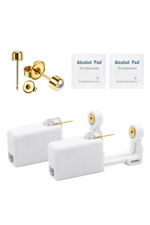 2 Pack Self Ear Piercing Gun, Disposable Ear Pearcings Kit with 4mm Silver Black Gold CZ Zirconia Pearl Earring Studs,Safety Ear Piercing Gun Kit Tool (SGZH-233-2)