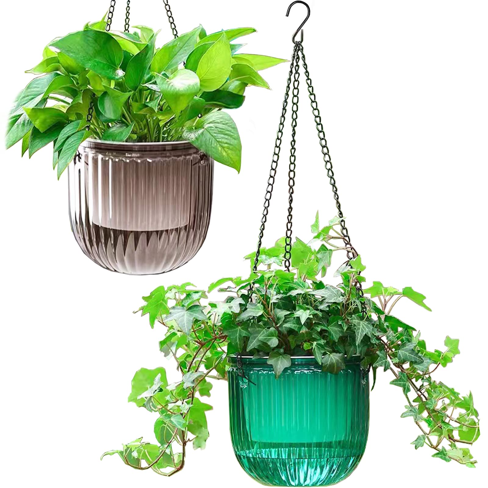 2 Pack Self Watering Hanging Planters 6.5 Inch Indoor Outdoor Flower Pots with Drainage Holes and Hooks for Garden Home Decor
