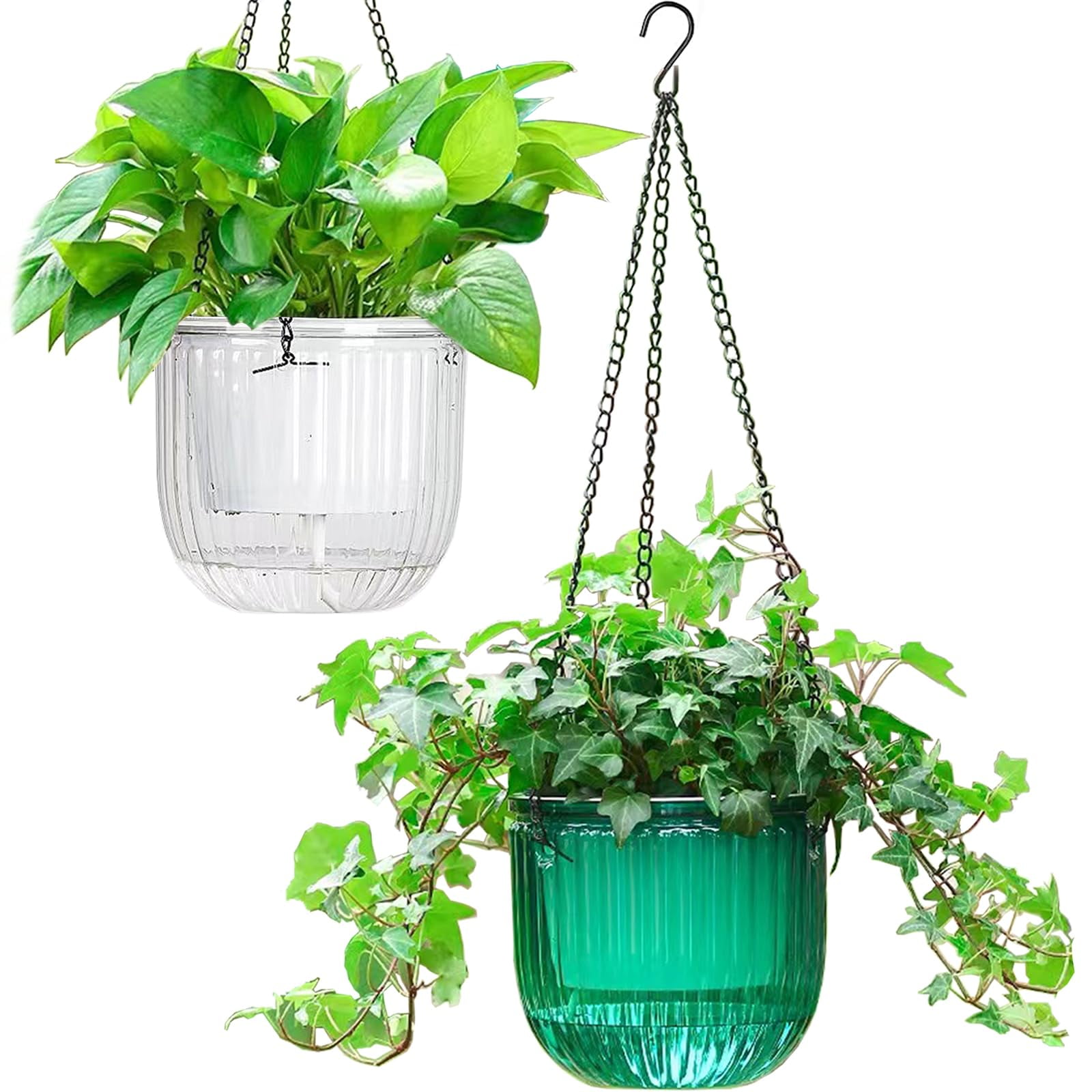 2 Pack Self Watering Hanging Planters 6.5 Inch Indoor Outdoor Flower Pots with Drainage Holes and Hooks for Garden Home Decor
