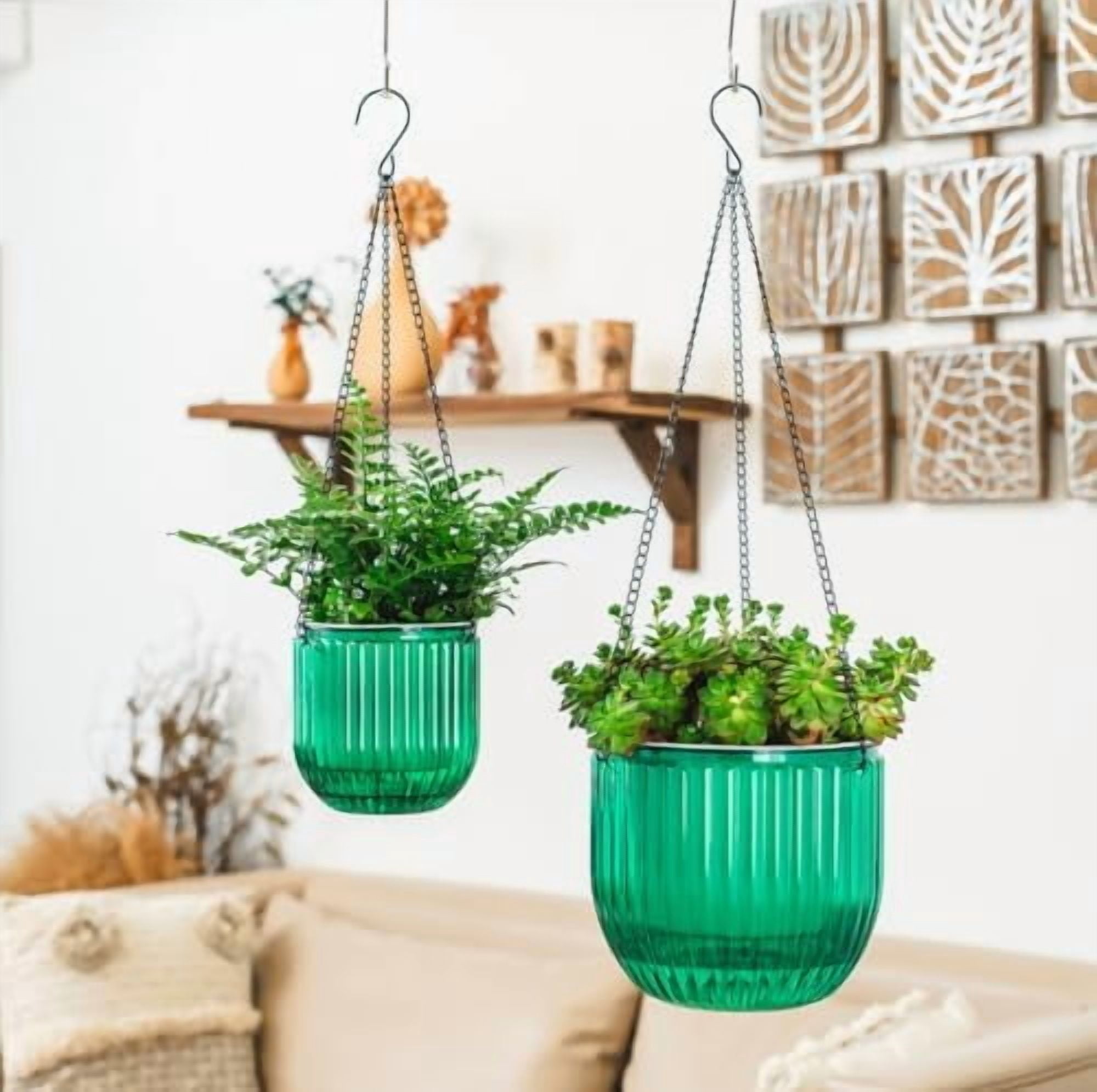 2 Pack Self Watering Hanging Planters Indoor Flower Pots, 5.3/8.3 Inch Outdoor Hanging Basket, Plant Hanger with 3Hooks Drainage Holes for Garden Home (Emerald)