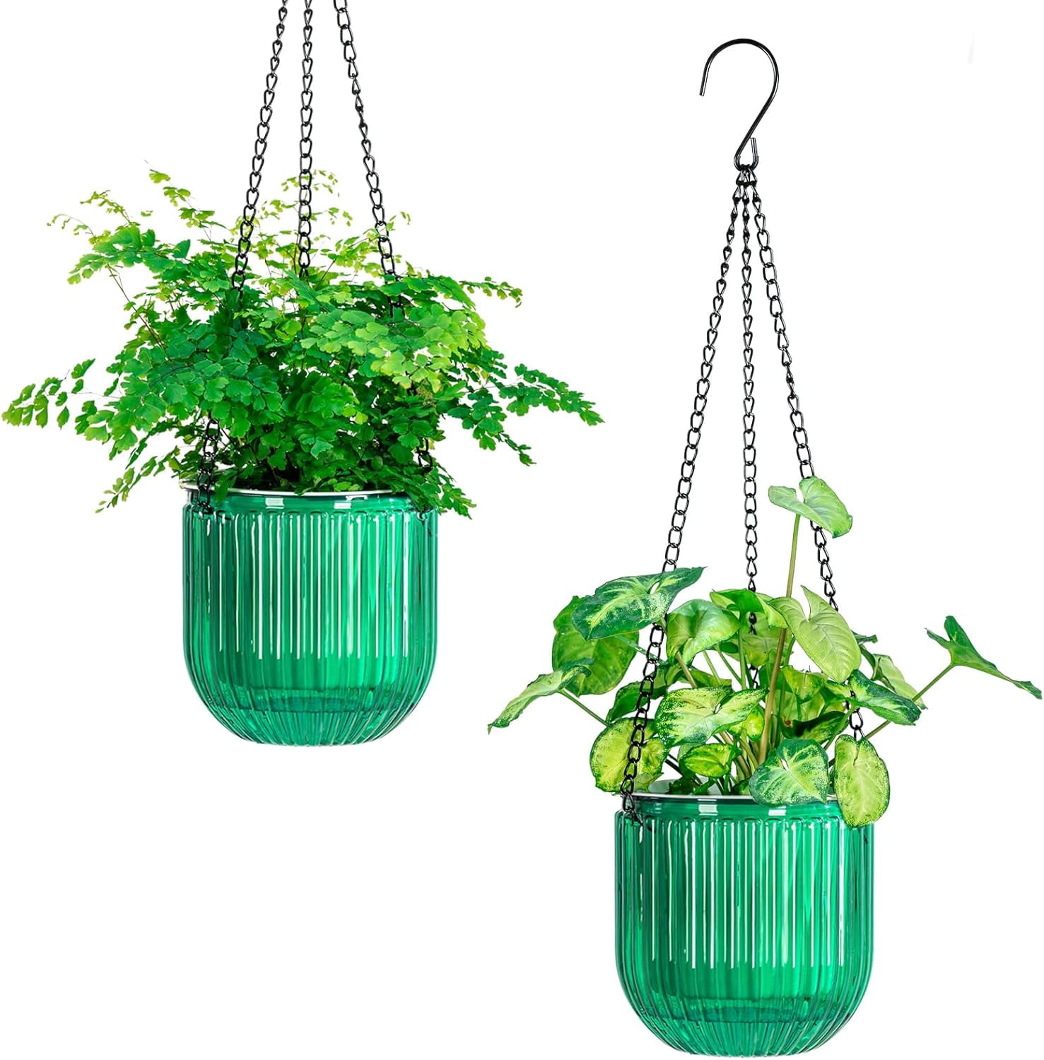 2 Pack Self Watering Hanging Planters Indoor Flower Pots, 5.3 Inch Outdoor Hanging Basket, Plant Hanger with 3Hooks Drainage Holes for Garden Home (Emerald)