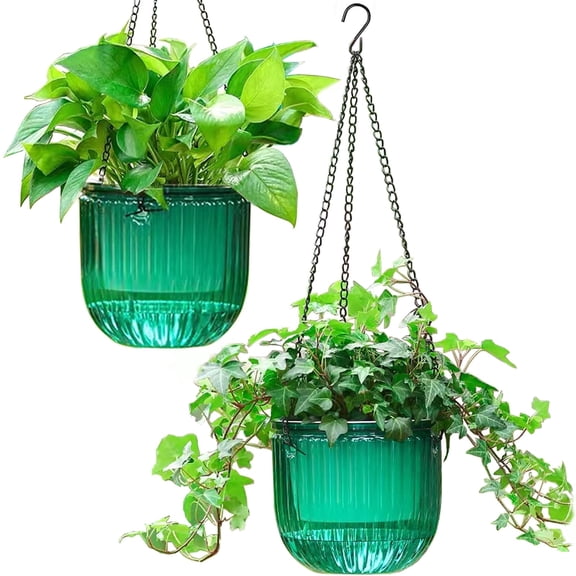 2 Pack Self Watering Hanging Planters Indoor Flower Pots, 6.5 Inch Outdoor Hanging Basket, Plant Hanger with 2 Hooks Drainage Holes for Garden Home (Emerald)