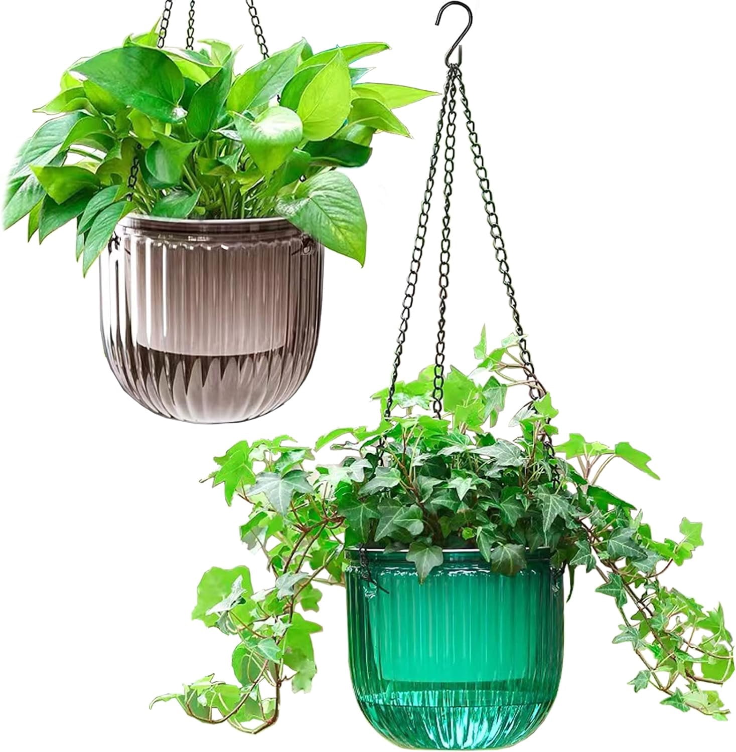 2 Pack Self Watering Hanging Planters Indoor Flower Pots, 6.5 Inch Outdoor Hanging Basket, Plant Hanger with Hooks Drainage Holes for Garden Home