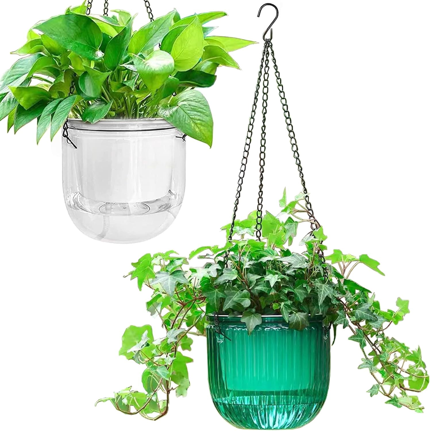 2 Pack Self Watering Hanging Planters Indoor Flower Pots, 6.5 Inch Outdoor Hanging Basket, Plant Hanger with Hooks Drainage Holes for Garden Home