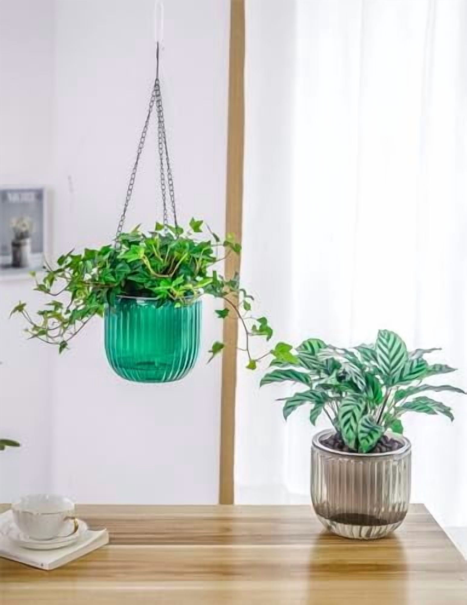 2 Pack Self Watering Hanging Planters Indoor Flower Pots, 6.5 Inch Outdoor Hanging Plant Basket, Hanger with 3Hooks Drainage Holes for Garden Home (Emerald + Gray)