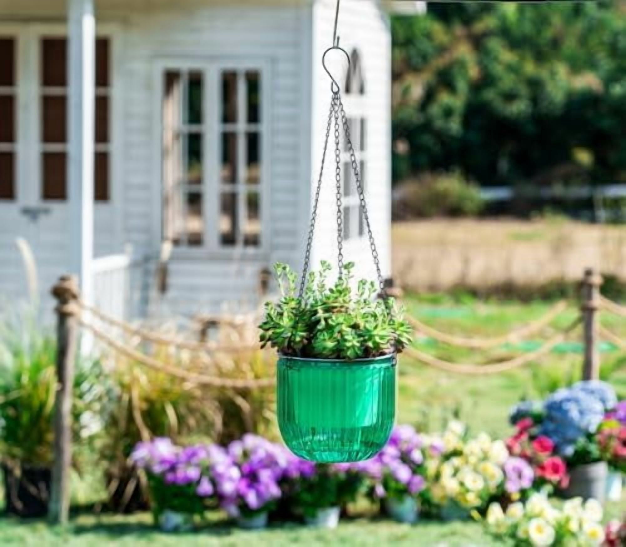 2 Pack Self Watering Hanging Planters Indoor Flower Pots, 6.5 Inch Outdoor Hanging Plant Pot Basket, Plant Hanger with 3Hooks Drainage Holes for Garden Home Emerald+white,6.5''+6.5''