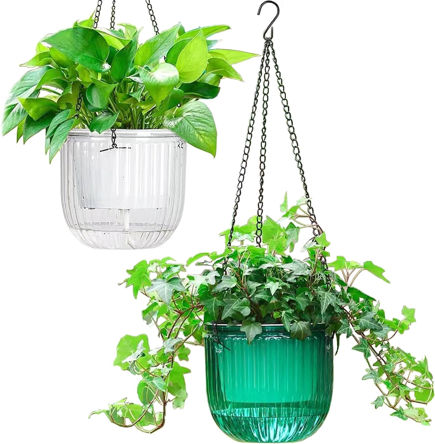 2 Pack Self Watering Hanging Planters Indoor Flower Pots, 6.5 Inch Outdoor Hanging Plant Pot Basket, Plant Hanger with 3Hooks Drainage Holes for Garden Home