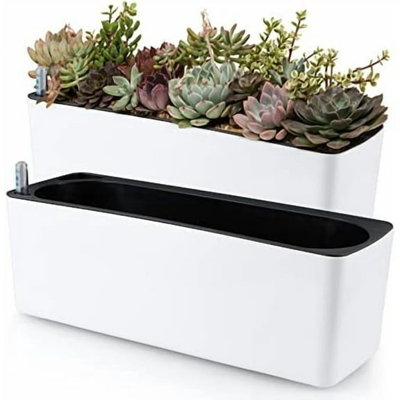 2-Pack Self Watering Planter, Rectangle Flower Pot with Water Level Indicator, Window Gardening Box for Indoor Plants, Succulent, Sprout, Pepper$$Garden & Patio