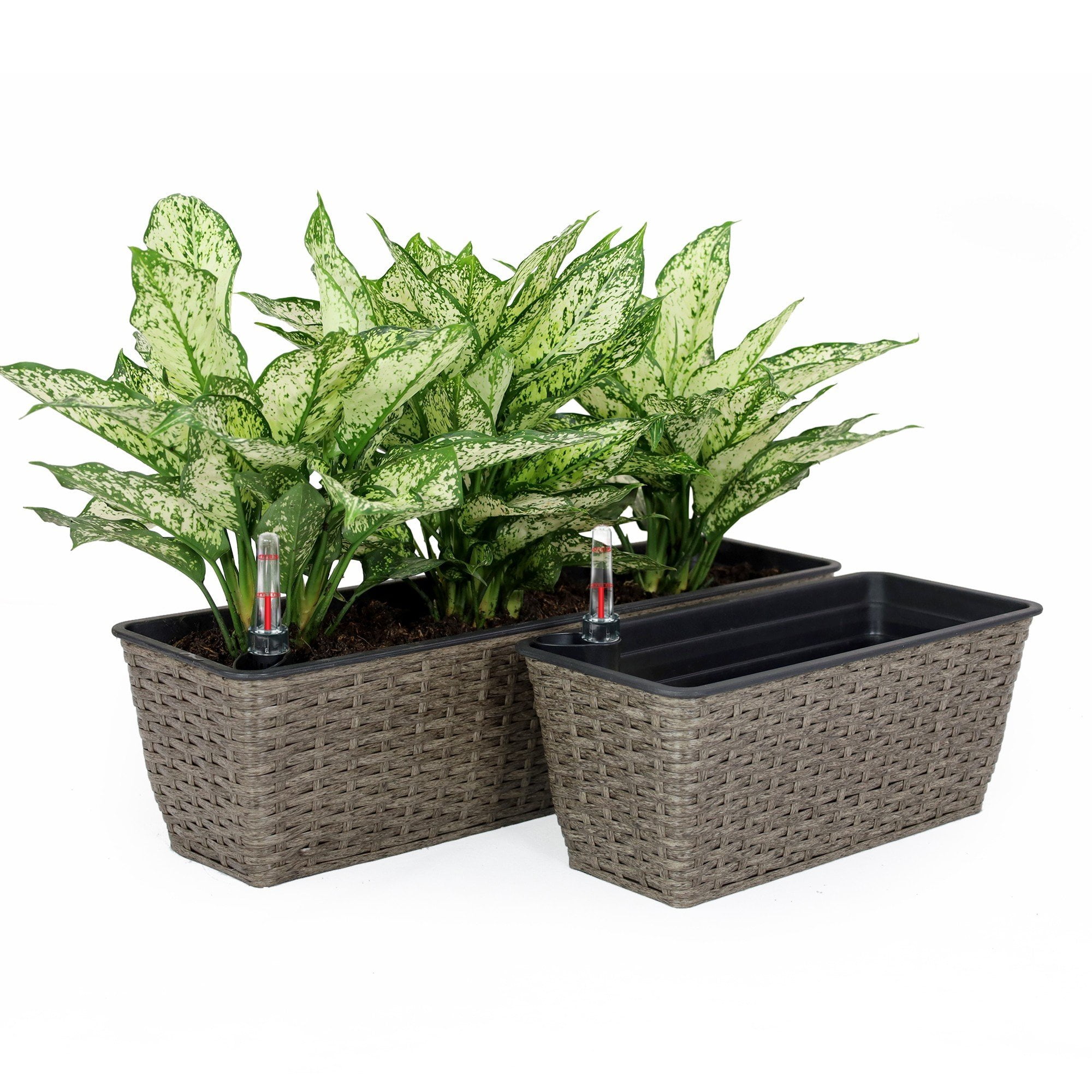 2 Pack Selfwatering Planter Hand Woven Wicker Rectangular Dark Gray UV Stabilized Frost Resistant with Water Level Indicator for Indoor Outdoor Patio Garden Home