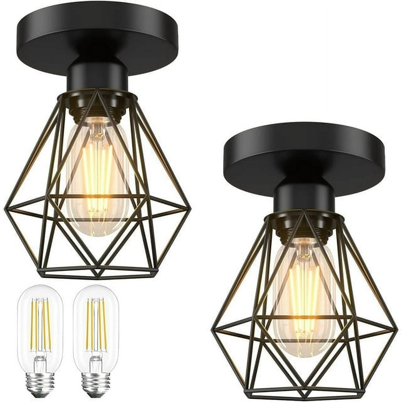 Black Metal Cage LED Semi Flush Mount Ceiling Light, 2-Pack
