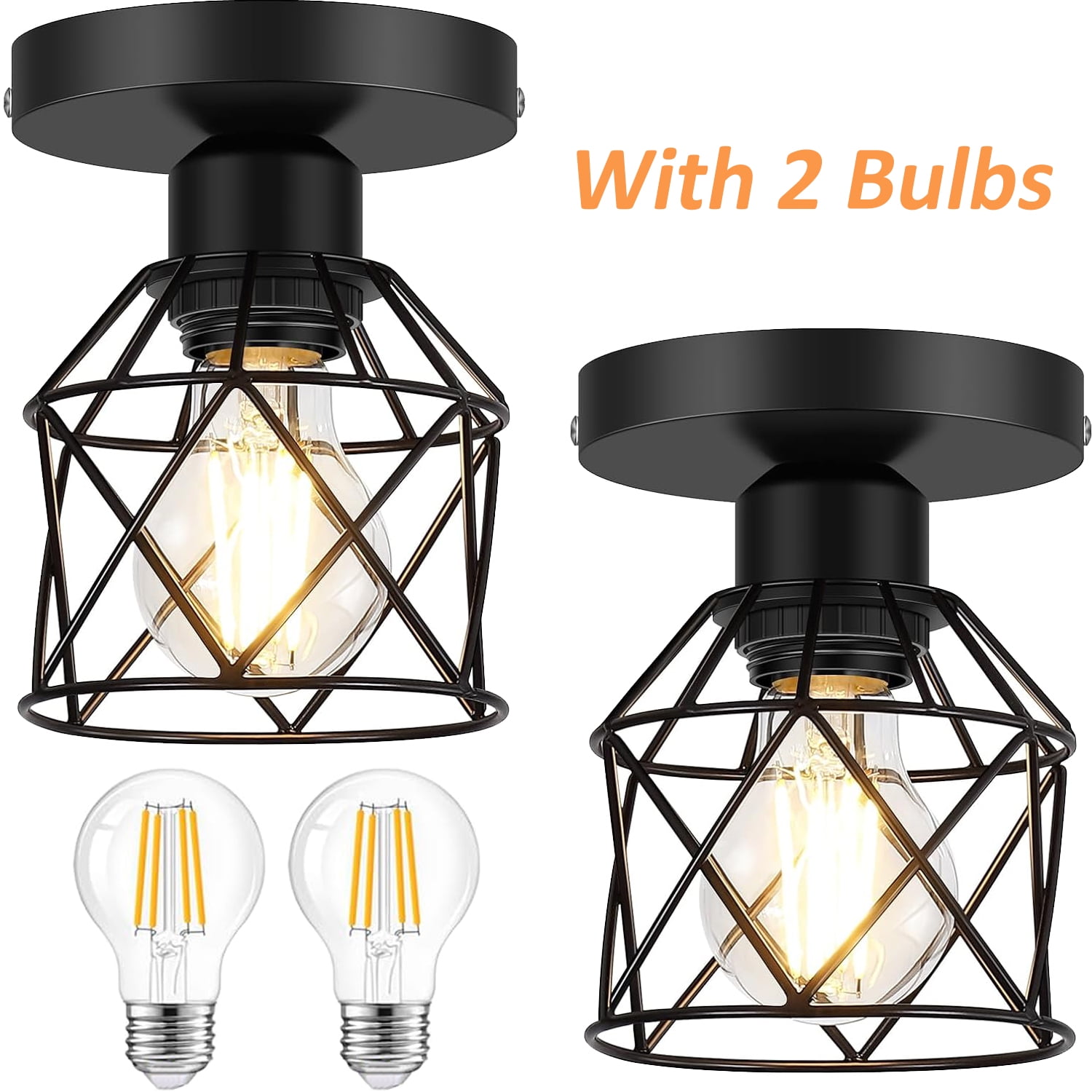 2-Pack Semi Flush Mount Ceiling Light Fixture with 2 LED Bulbs Black Kitchen Light Fixtures Ceiling Mount Ceiling Lamp for Kitchen, Hallway, Porch
