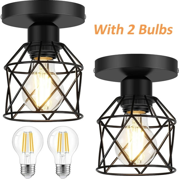 2-Pack Semi Flush Mount Ceiling Light Fixture with 2 LED Bulbs Black Kitchen Light Fixtures Ceiling Mount Ceiling Lamp for Kitchen, Hallway, Porch