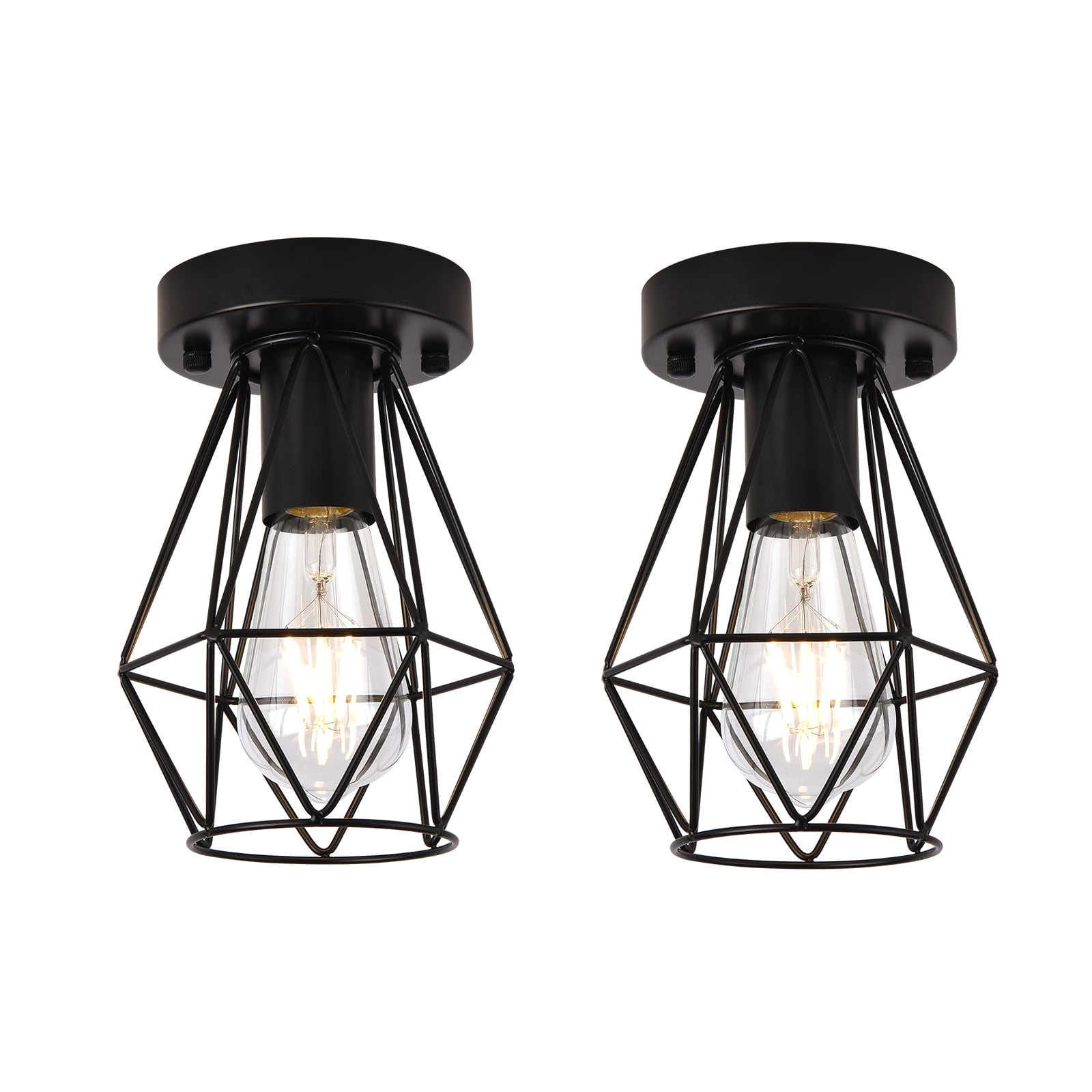 2-Pack Semi Flush Mount Ceiling Light, Industrial Black Hallway Light Fixtures Ceiling Mount, Hollow Metal Cage Pendant Ceiling Light, Farmhouse Ceiling Lamp for Kitchen,Bedroom