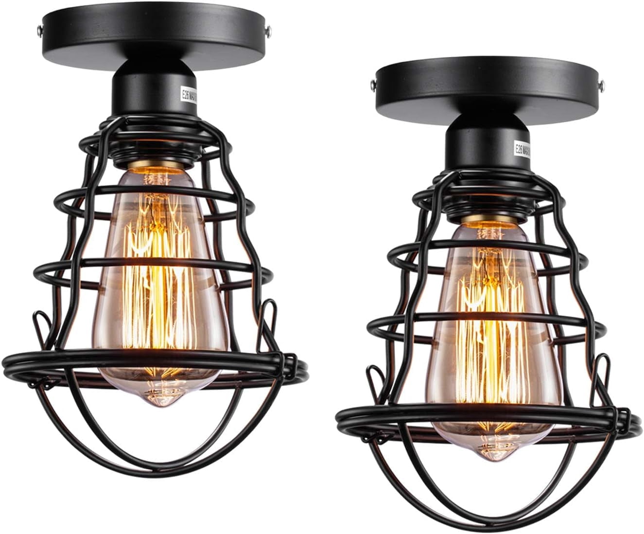 2-Pack Farmhouse Semi-Flush Mount Ceiling Lights - Black Hexagonal Metal Cage Lights For Hallway, Kitchen, Bedroom