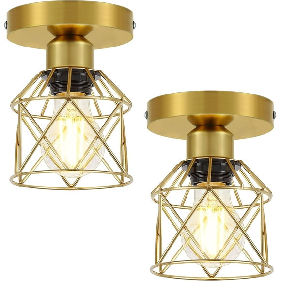 2 Pack Semi Flush Mount Ceiling Light with 2 LED Bulbs Rustic Flush Mount Ceiling Light Fixture with Gold Metal Cage for Bedroom Closet Entryway
