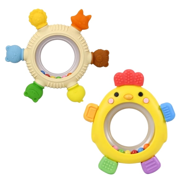 2 Pack Sensory Toys for Babies,Baby Teething Rings Toys for 0-3 3 6-12 Months Baby Rattle Teether Silicone Teether Relief Chew Soothing,BPA Free
