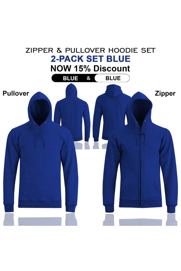 2 Pack Set Blue Men's Winter Fleece Hoodie Sweatshirt Warm Long Sleeve Zipper & Pullover Hooded-2XL