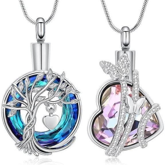 2 Pack Set Butterfly Heart Urn Necklace for Ashes with Birthstone Heart / Tree of Life Urn Cremation Jewelry Ashes Pendant for Human/Pet