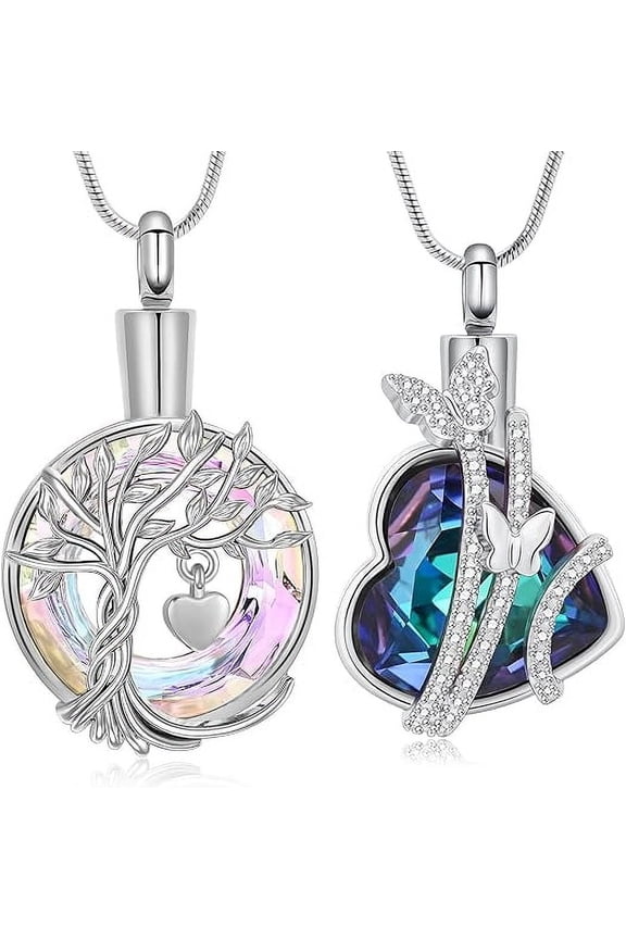 2 Pack Set Butterfly Heart Urn Necklace for Ashes with Birthstone Heart / Tree of Life Urn Cremation Jewelry Ashes Pendant for Human/Pet