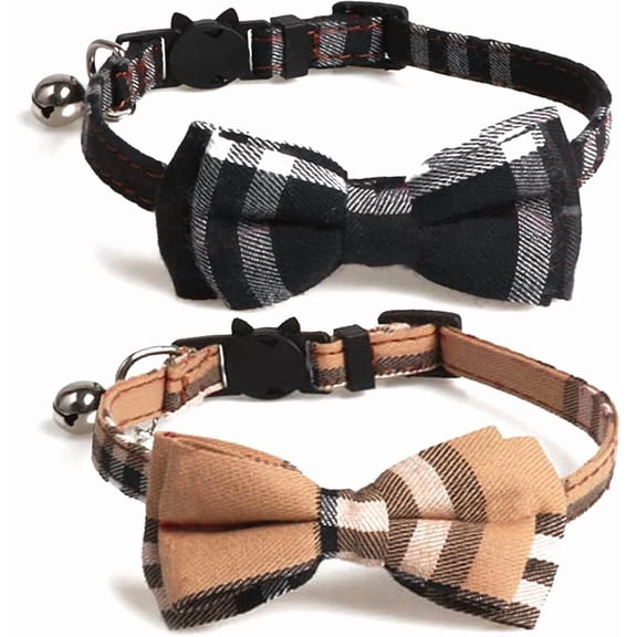 2 Pack/Set Cat Collar Breakaway with Cute Bow Tie and Bell for Kitty and Some Puppies, Adjustable from 7.8-11 Inch
