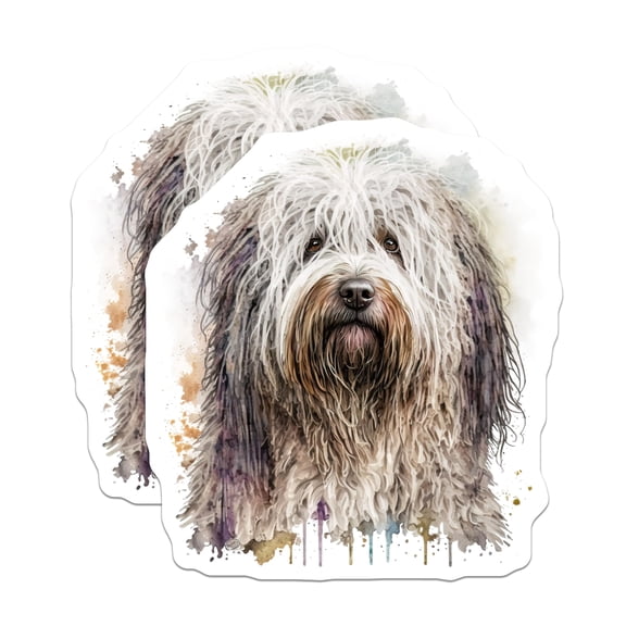 (2 Pack) Shaggy Dog Stickers - Watercolor Pet Lover Art - Sheepdog Doodle Dog Art Decals for Laptops Journals - 5" On Longest Side - Sticks to Smooth Flat Surfaces - Made in USA - BMCS29264