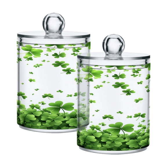 2 Pack Shamrocks Floating in Air Qtip Holder Dispenser Clear Plastic Storage Apothecary Jars for Cotton Swabs Balls Pads Floss
