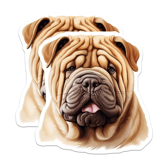 (2 Pack) Shar Pei Dog Stickers - Wrinkly Puppy Decal - Dog Lover Accessory - Pet Owner Present - 5" On Longest Side - Sticks to Smooth Flat Surfaces - Made in USA - BMCS27799