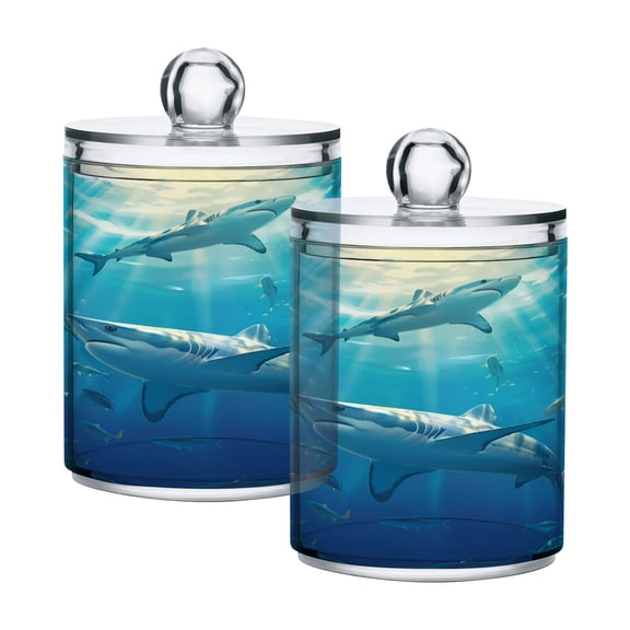 2 Pack Shark Fish Swimming Qtip Holder Dispenser Clear Plastic Storage Apothecary Jars for Cotton Swabs Balls Pads Floss