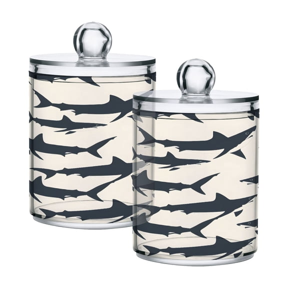 2 Pack Shark Silhouettes Qtip Holder Dispenser Clear Plastic Storage Apothecary Jars for Cotton Swabs Balls Pads Floss