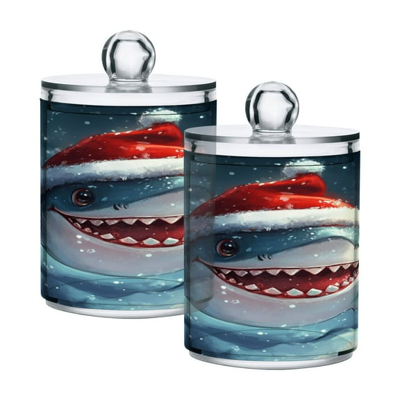 2 Pack Shark with Christmas Hat Qtip Holder Dispenser Clear Plastic Storage Apothecary Jars for Cotton Swabs Balls Pads Floss