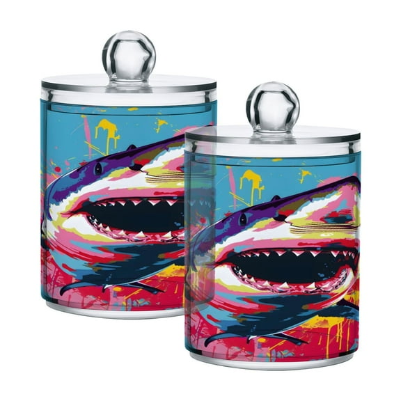 2 Pack Shark with Paint Qtip Holder Dispenser Clear Plastic Storage Apothecary Jars for Cotton Swabs Balls Pads Floss