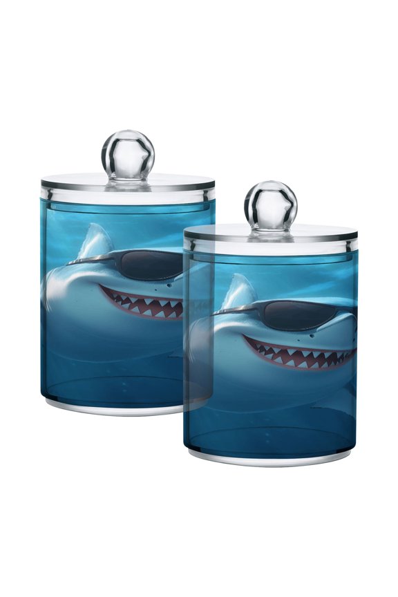 2 Pack Shark with Sunglasses Qtip Holder Dispenser Clear Plastic Storage Apothecary Jars for Cotton Swabs Balls Pads Floss