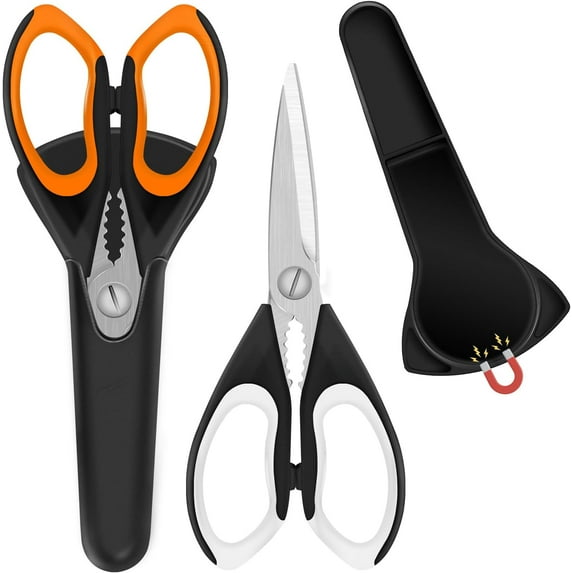 2 Pack Sharp Kitchen Scissors Set with Magnetic Holder, Heavy Duty Kitchen Shears Meat Scissors, Multifunctional Stainless Steel Cooking Poultry Scissors for Household School Picnic