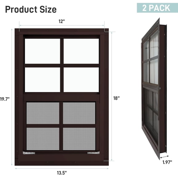 2 Pack Shed Window Flush Mount Windows with Tempered Glass for Sheds, Chicken Coops, Garage and Playhouse (Brown, 12" x 18")