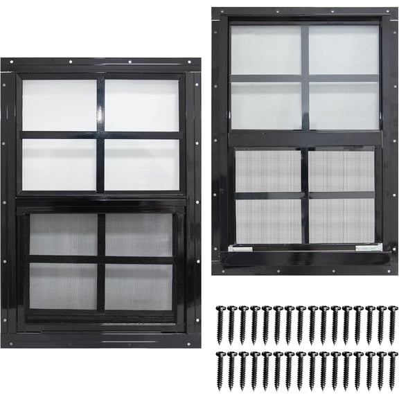 2 Pack Shed Windows with Black Frame, 12 x 18 Flush Mount Small Window with Tempered Glass and Fiberglass Screen for Shed, Chicken Coop, Playhouse, Household, Gara