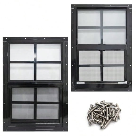 2 Pack Shed Windows with Black Frame 14 x 21 Flush Mount Small Window with Tempered Glass and Fiberglass Screen for Shed Chicken Coop Playhouse Household Garage