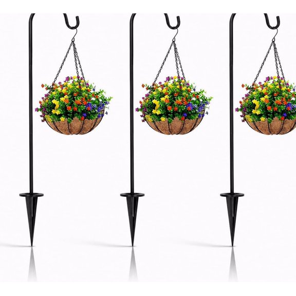 2 Pack Shepherd Hooks for Outdoor, 27.5 Inch Iron Garden, Low - Profile Hanging Solution Solar Lights, Planters, Feeders, Wind Chimes, Rust - Resistant Black Metal Yard Stakes