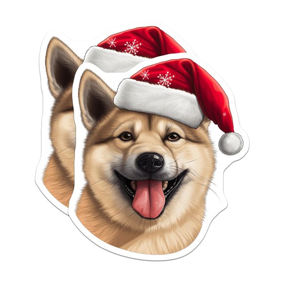 (2 Pack) Shiba Inu Dog Stickers - Cute Festive Christmas Animal - Happy Santa Hat Canine - Holiday Pet Decal - 5" On Longest Side - Sticks to Smooth Flat Surfaces - Made in USA - BMCS24112