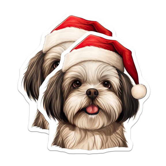 (2 Pack) Shih Tzu Christmas Dog Stickers - Adorable Santa Hat Pet Decals - Festive Holiday Animal Decor - 5" On Longest Side - Sticks to Smooth Flat Surfaces - Made in USA - BMCS28289