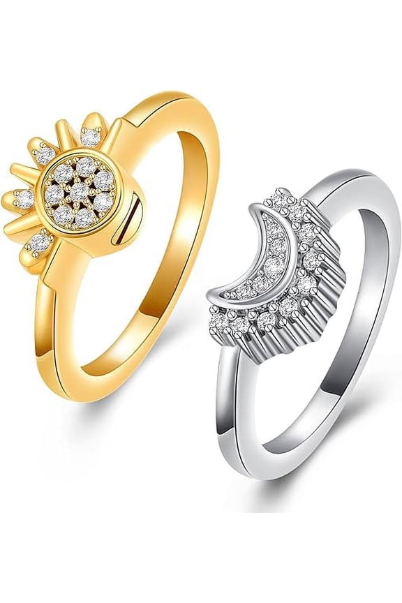 2 Pack Shiny Sun & Moon Urn Cremation Ring Set - Personalized Cremation Jewelry for Ashes Rings Sun Ring Cremation Urn Ring for Ashes Finger Ring