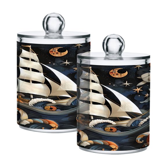 2 Pack Ship Lighthouse Whale Qtip Holder Dispenser Clear Plastic Storage Apothecary Jars for Cotton Swabs Balls Pads Floss