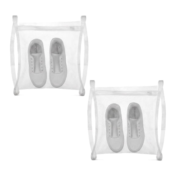 2 Pack Shoe Laundry Bag, Large Mesh Wash Bag with Zipper & Elastic Straps for Washing Machine, White
