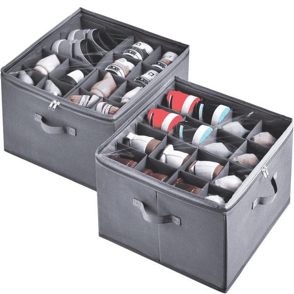 VOZOGO 2 Pack Shoe Organizer for Closet,Fits up to 32 Pairs,Adjustable Dividers for Shoe Storage,Fabric Shoe Storage Bins with Clear Cover,Grey