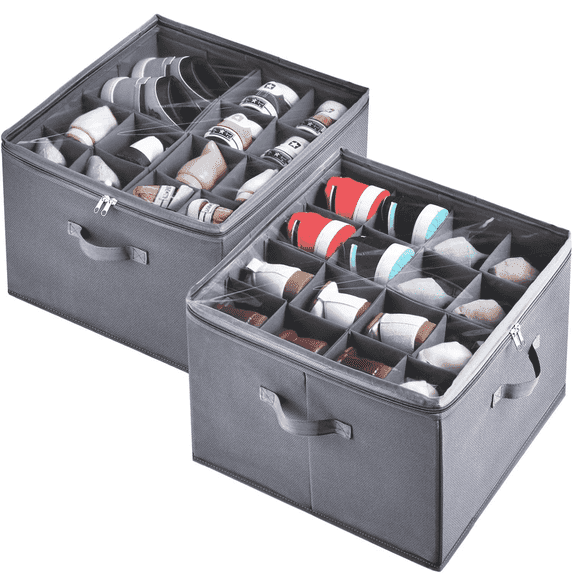 VOZOGO 2 Pack Shoe Organizer for Closet,Fits up to 32 Pairs,Adjustable Dividers for Shoe Storage,Fabric Shoe Storage Bins with Clear Cover,Grey
