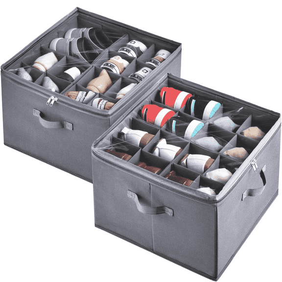 VOZOGO 2 Pack Shoe Organizer for Closet,Fits up to 32 Pairs,Adjustable Dividers for Shoe Storage,Fabric Shoe Storage Bins with Clear Cover,Grey