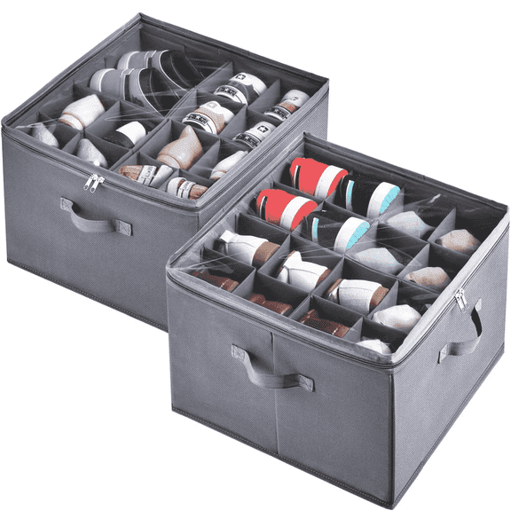 VOZOGO 2 Pack Shoe Organizer for Closet,Fits up to 32 Pairs,Adjustable Dividers for Shoe Storage,Fabric Shoe Storage Bins with Clear Cover,Grey
