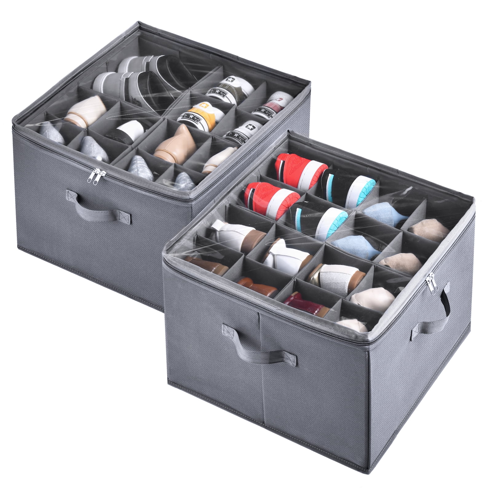 2 Pack Shoe Organizer for Closet Fits up to 32 Pairs Adjustable Dividers for Shoe Storage Fabric Shoe Storage Bins with Clear Cover Grey Walmart