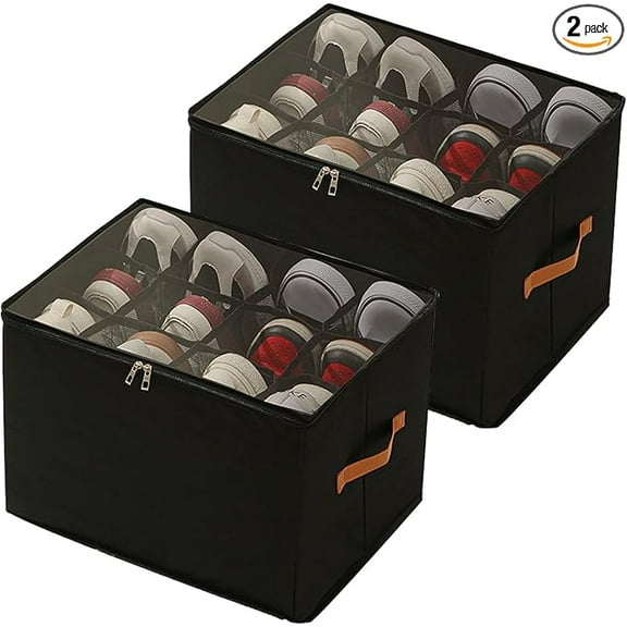 2 Pack Shoe Organizer with Transparent Cover and Sturdy Handles