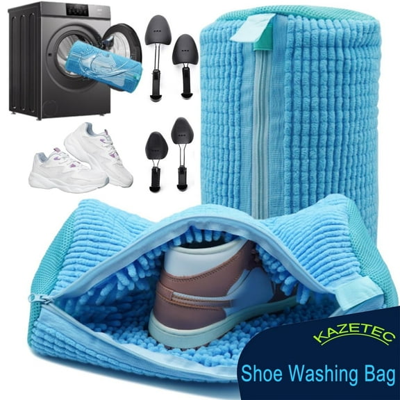 2-Pack Shoe Wash Bags for Washer/Dryer - w/ 2 Adjustable Shoe Trees | 360° Deep Clean, Hidden Zipper (Shoe Washing Bag Blue)